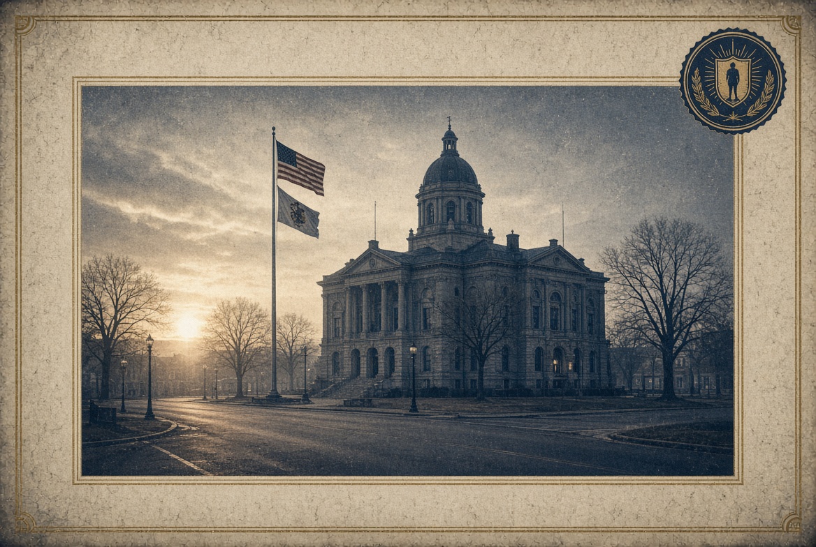Dawn over a county courthouse square